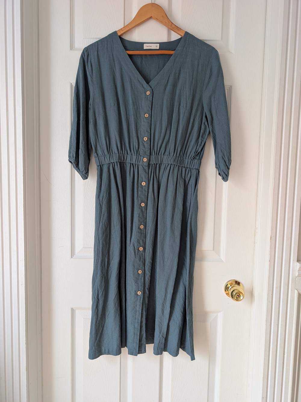 V-neck Blue-green Linen Midi Dress